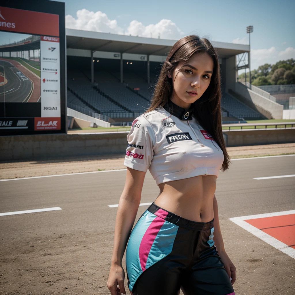 1girl in, 30 years old, Square face, Long hair, Looking at viewer, jewelry, Realistic, Sexy, racing outfit, colorful outfit, F1 racetrack background, freestyle pose