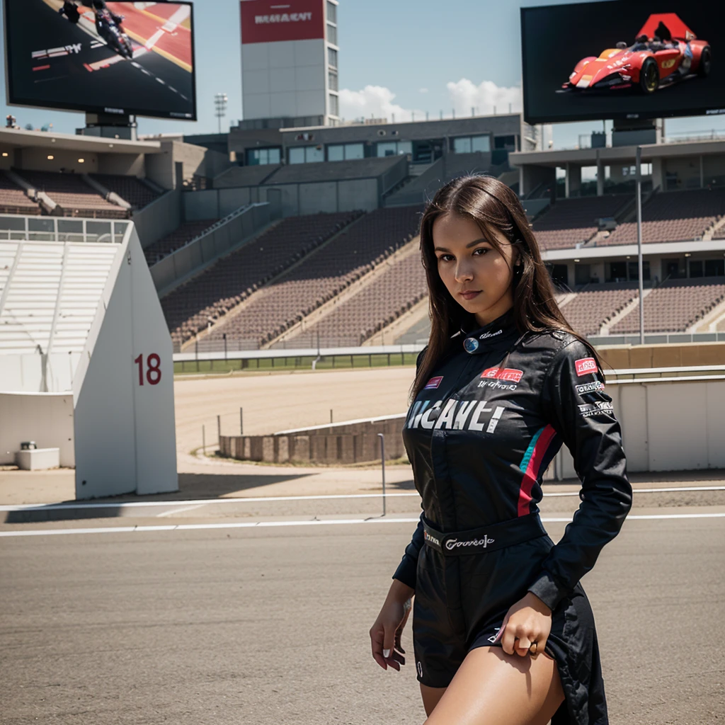 1girl in, 30 years old, Square face, Long hair, Looking at viewer, jewelry, Realistic, Sexy, racing outfit, colorful outfit, F1 racetrack background, freestyle pose