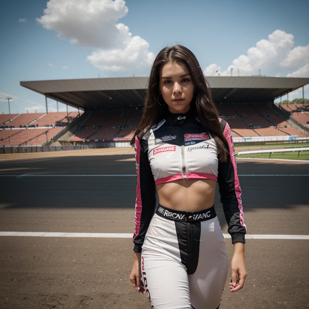 1girl in, 30 years old, Square face, Long hair, Looking at viewer, jewelry, Realistic, Sexy, racing outfit, colorful outfit, F1 racetrack background, freestyle pose