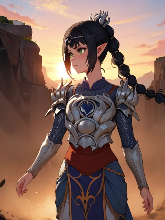 masterpiece, best quality, highres BREAK
dsshadowheart, black hair, long hair, ponytail, bangs, braid, hair ornament, pointy ears, green eyes, circlet, armor, breastplate, pauldrons, 1girl, solo BREAK
standing, battlefield, sunset, lens flare, detailed background
