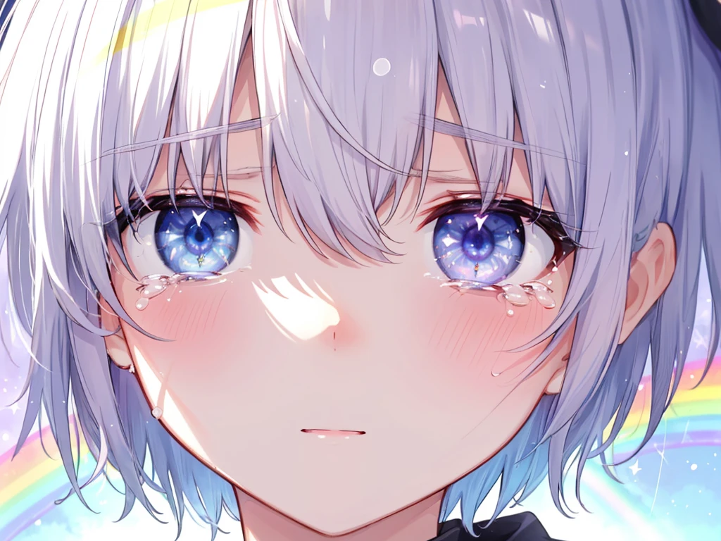 (((Extreme close-up tears Face of despair Upward))) ((輝くtears Rainbow Eyes Short Hair Receiving the light Rainbow light)) (Shining Edge)