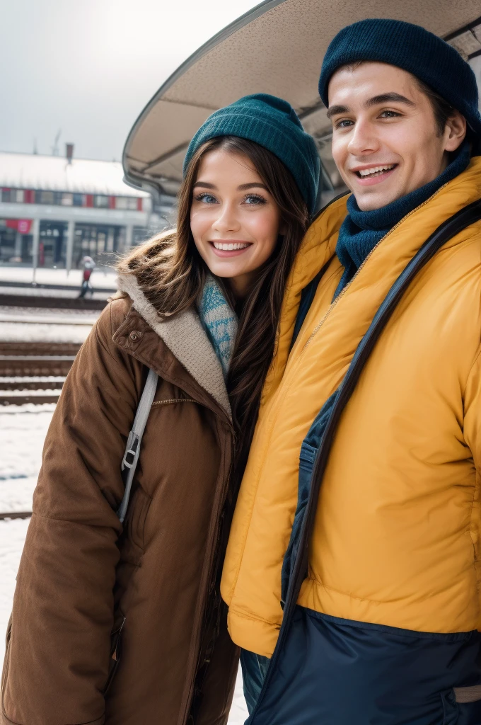 Professional photograph, best quality, 8K, hyper detailed, half body, A close up portrait of two friends posing for the camera, an argentinian male who has dark brown hair and a russian female who has light brown hair, the both of them are wearing winter outfits, Both are nice people from Argentina and Russia, who share a true and beautiful friendship between a male and female, and who are united. They're glad, smiling and enjoying a day at park in winter. They pose gladly for the camera. Railway station at background.