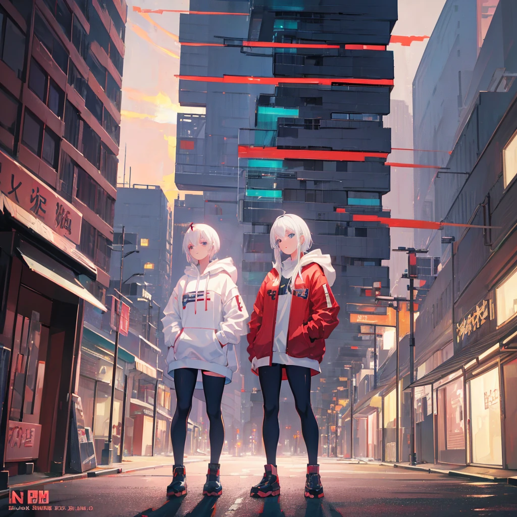 White-haired anime girl in a red jacket posing in front of a building, Anime style 4 k, Cyberpunk anime girl wearing a hoodie, Azur route style, Popular on cgstation, Bad guy anime 8k, best anime 4k konachan wallpaper, Anime style. 8K, Popular on cgstation内容, 4k anime wallpaper, Digital Cyberpunk Anime Art, Anime Wallpaper 4K