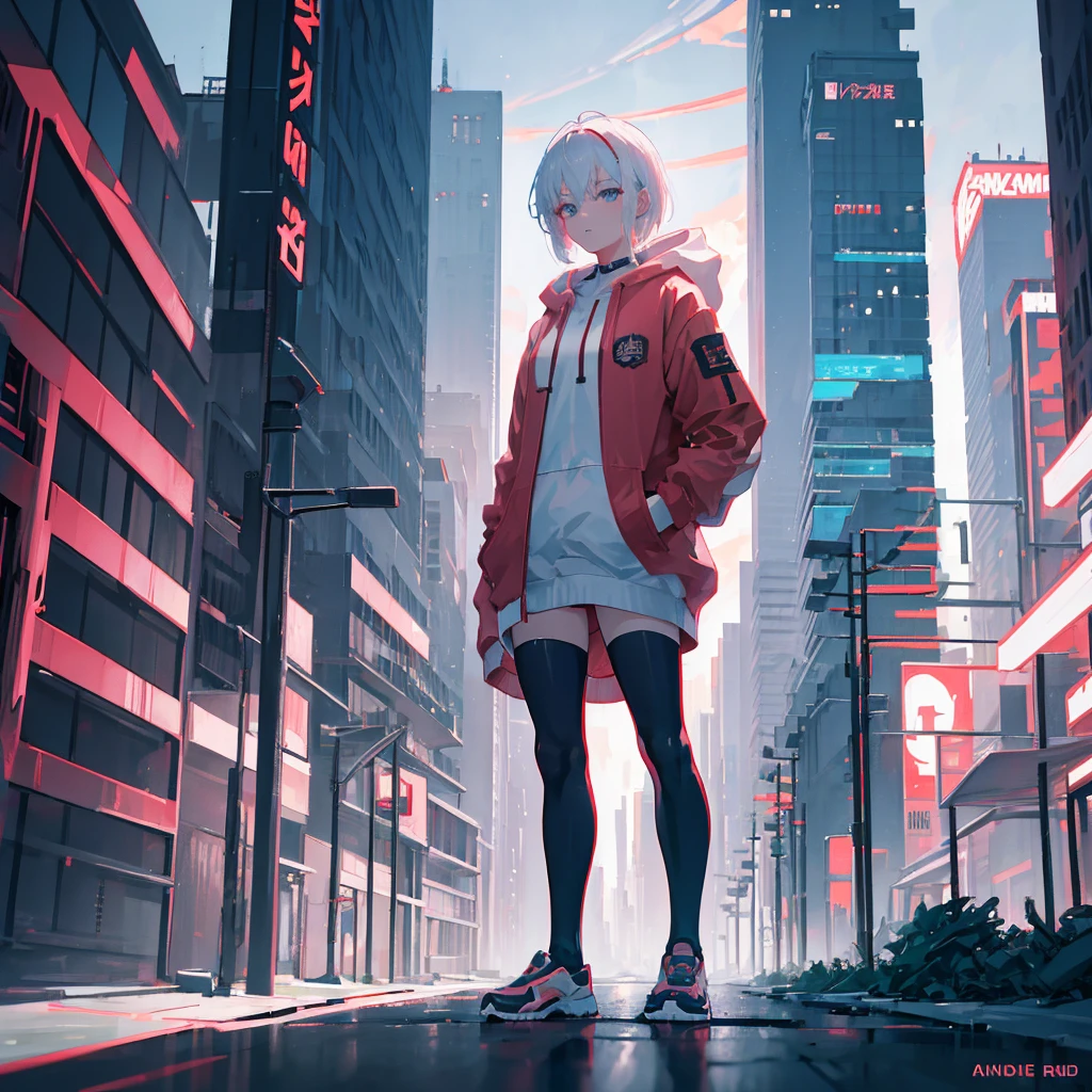 White-haired anime girl in a red jacket posing in front of a building, Anime style 4 k, Cyberpunk anime girl wearing a hoodie, Azur route style, Popular on cgstation, Bad guy anime 8k, best anime 4k konachan wallpaper, Anime style. 8K, Popular on cgstation内容, 4k anime wallpaper, Digital Cyberpunk Anime Art, Anime Wallpaper 4K