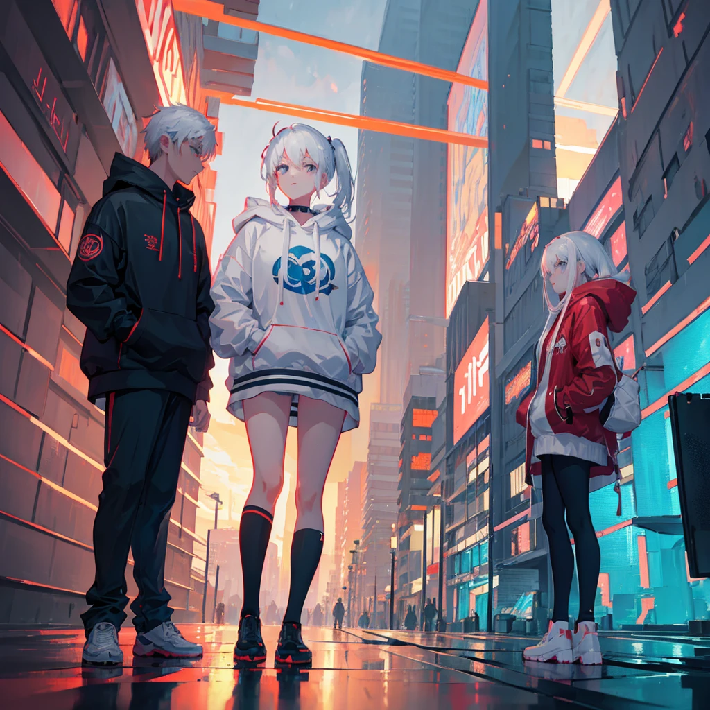 White-haired anime girl in a red jacket posing in front of a building, Anime style 4 k, Cyberpunk anime girl wearing a hoodie, Azur route style, Popular on cgstation, Bad guy anime 8k, best anime 4k konachan wallpaper, Anime style. 8K, Popular on cgstation内容, 4k anime wallpaper, Digital Cyberpunk Anime Art, Anime Wallpaper 4K