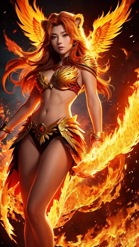 A fusion of a lion and a phoenix、The body１tで顔も１t、1 body only、With flames all over my body, I&#39;m flying into the sky、It has no hands, but instead has wings、Feet are bird feet、Full body photo、cool、Use more effects、