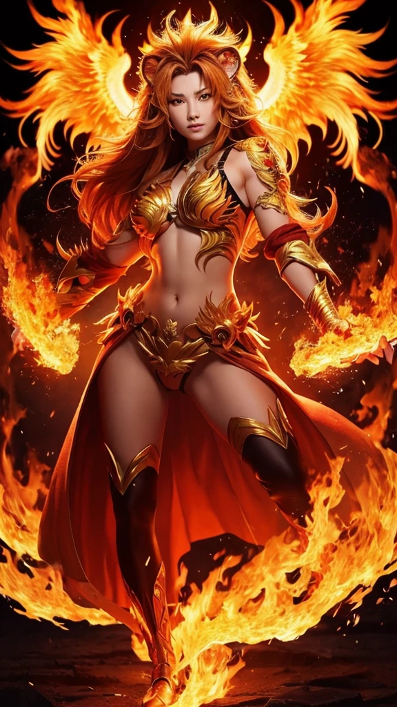 A fusion of a lion and a phoenix、The body1tで顔も1t、1 body only、With flames all over my body, I'm flying into the sky、It has no hands, but instead has wings、Feet are bird feet、Full body photo、cool、Use more effects、
