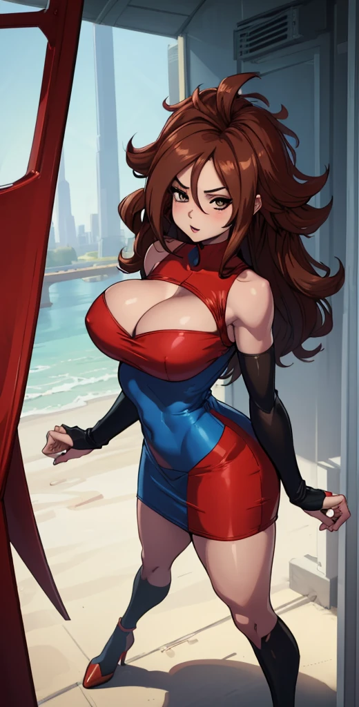 (best quality:1.3), android 21, ), busty, She is on the side, showing the side to the viewer, body is on its side, red and blue dress, Tight dress, very short dress, cleaveage, (brown hair), seductiv, rosto sexly,  sexly, body curvy, big-ass, (short dress), strong legs 