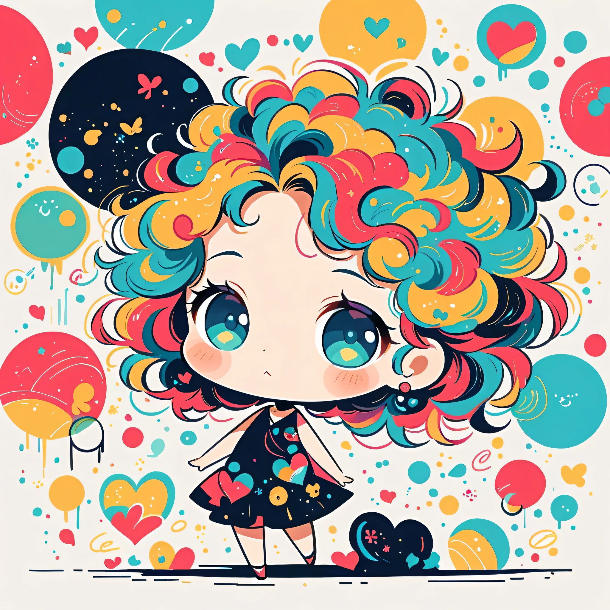 Black Star Red and White style, Simple Line Initialism,Abstract art,Urban Background, colorful hearts ,(((The most beautiful girl of all time))), (((chibi))), walking with Cute amoeba