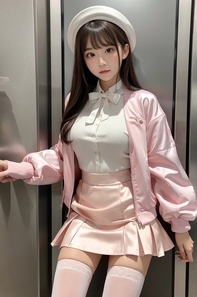 Highest quality、Elevator Girl、A short pink jacket made of shiny silk、A jacket that fits snugly to the body、White blouse with ribbon、Very short tight skirt、Micro Mini Skirt、A small round hat with a ribbon、Skinny、White gloves、White over-the-knee socks、Red cheeks、Embarrassed look、Sit on the floor facing the front、Face straight