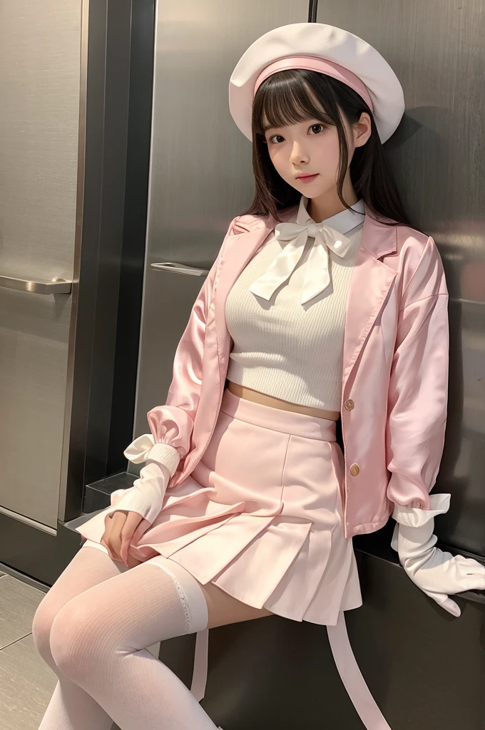 Highest quality、Elevator Girl、A short pink jacket made of shiny silk、A jacket that fits snugly to the body、White blouse with ribbon、Very short tight skirt、Micro Mini Skirt、A small round hat with a ribbon、Skinny、White gloves、White over-the-knee socks、Red cheeks、Embarrassed look、Sit on the floor facing the front、Face straight
