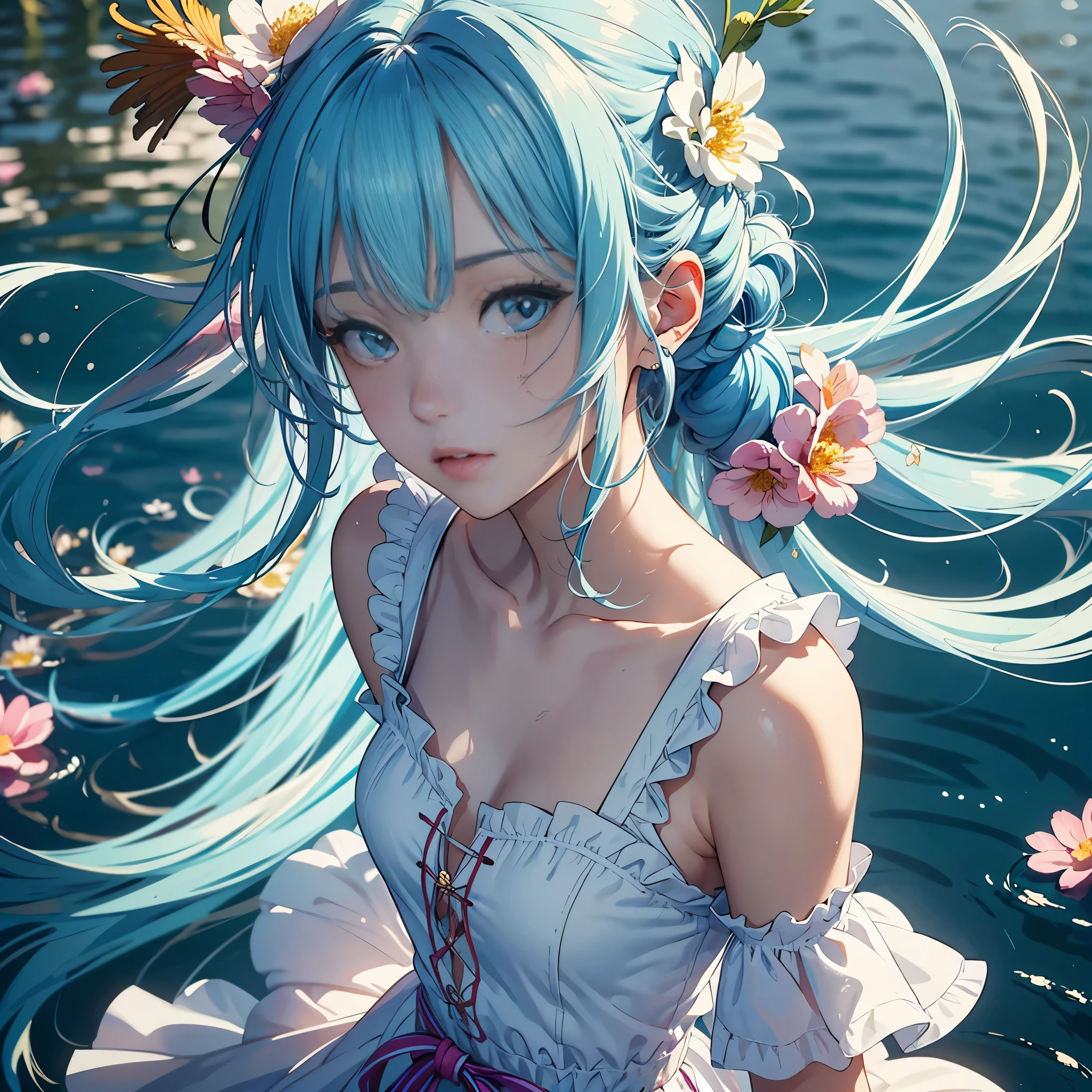 (masterpiece), (best quality), (ultra detailed),(disheveled hair),(illustration), (1girl), (Fashionable clothing), standing, Fashion model, looking at viewer, (interview), (simple background),beautiful detailed eyes, delicate beautiful face, Floating,(high saturation),(colorful splashes),colorful bubble,(shining), focus on face,  ponytail, kamisato ayaka, light blue hair, bangs, hair ring, floating flowers, floating hairs, (shining), best lighting, best shadow,