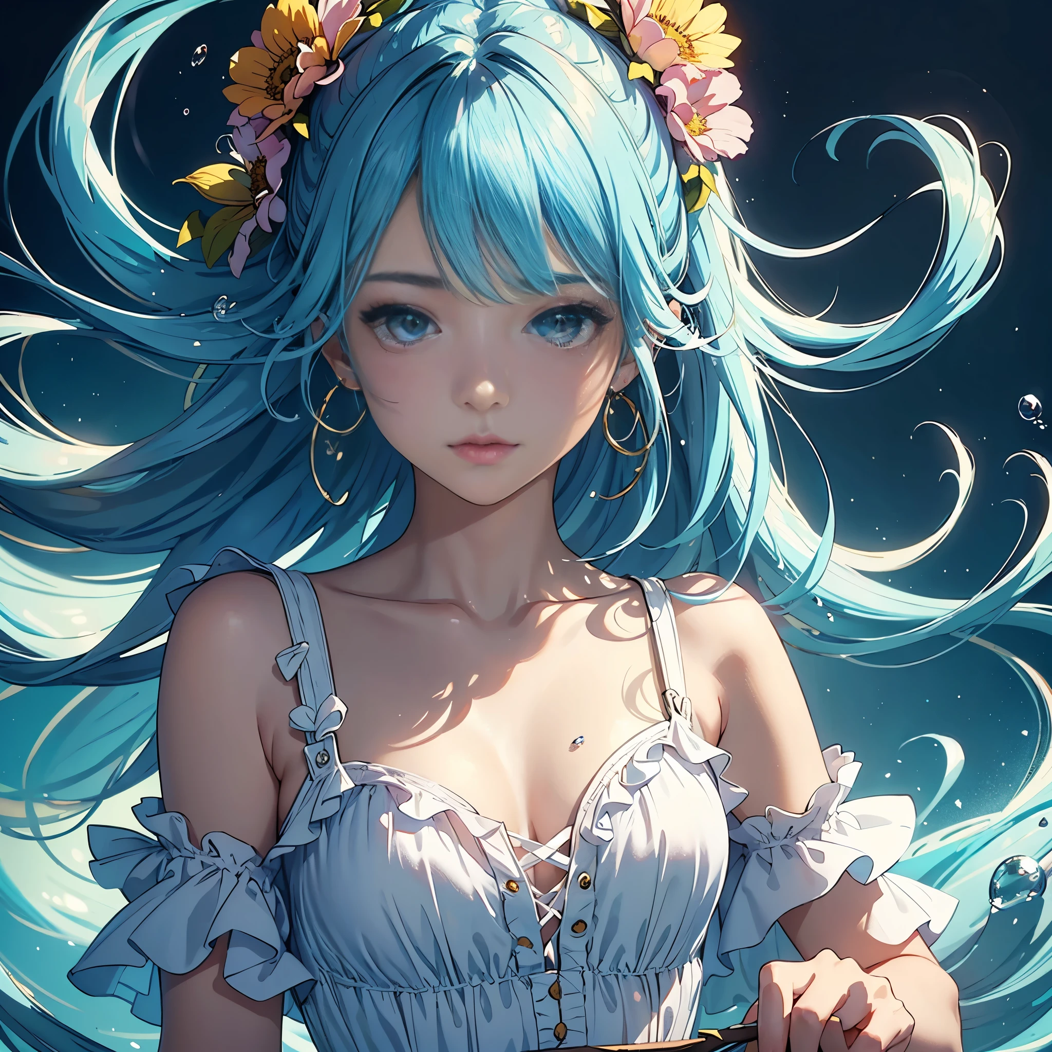 (masterpiece), (best quality), (ultra detailed),(disheveled hair),(illustration), (1girl), (Fashionable clothing), standing, Fashion model, looking at viewer, (interview), (simple background),beautiful detailed eyes, delicate beautiful face, Floating,(high saturation),(colorful splashes),colorful bubble,(shining), focus on face, ponytail, kamisato ayaka, light blue hair, bangs, hair ring, floating flowers, floating hairs, (shining), best lighting, best shadow,