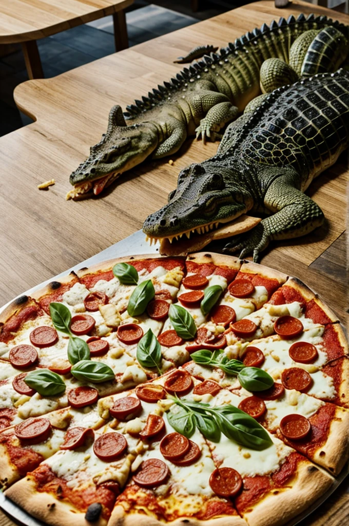 Crocodile eating pizza