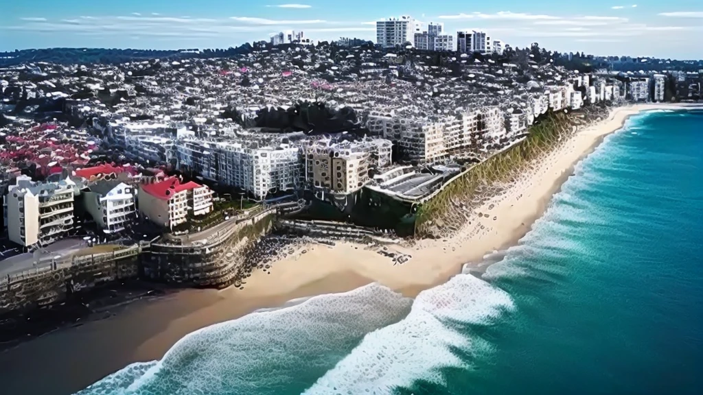 ビーチといくつかの建物がある街のaerial photograph, Drone video, Bondi Beach in the background, 4k Drone photography, Drone camera malfunction, aerial photograph, manly, Drone View, Drone Perspective, Drone photography, Aerial photography from drones, Drone Perspective, Shooting from a drone, Wide-angle shooting from above, Shooting from a drone, Drone photography