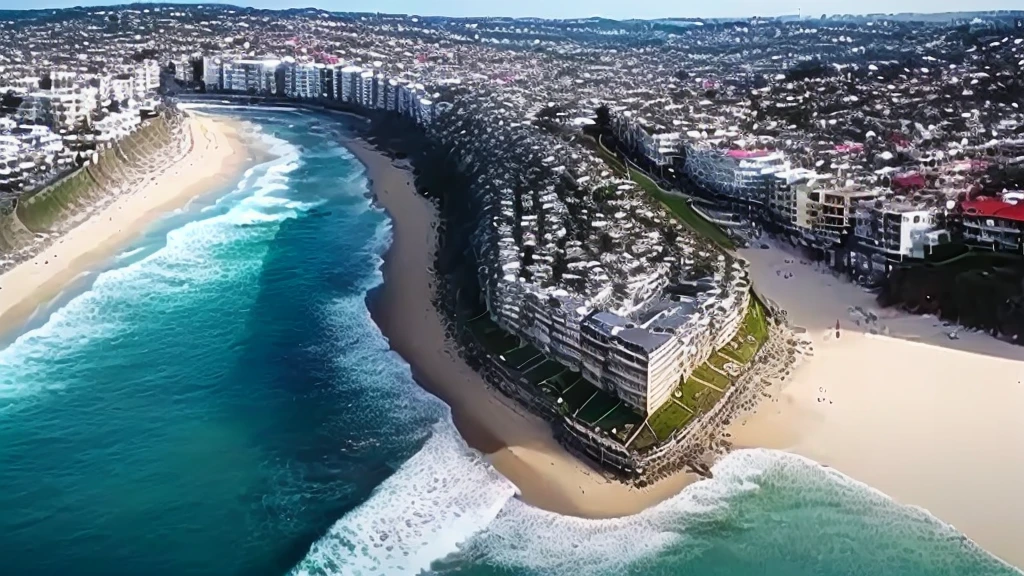ビーチといくつかの建物がある街のaerial photograph, Drone video, Bondi Beach in the background, 4k Drone photography, Drone camera malfunction, aerial photograph, manly, Drone View, Drone Perspective, Drone photography, Aerial photography from drones, Drone Perspective, Shooting from a drone, Wide-angle shooting from above, Shooting from a drone, Drone photography
