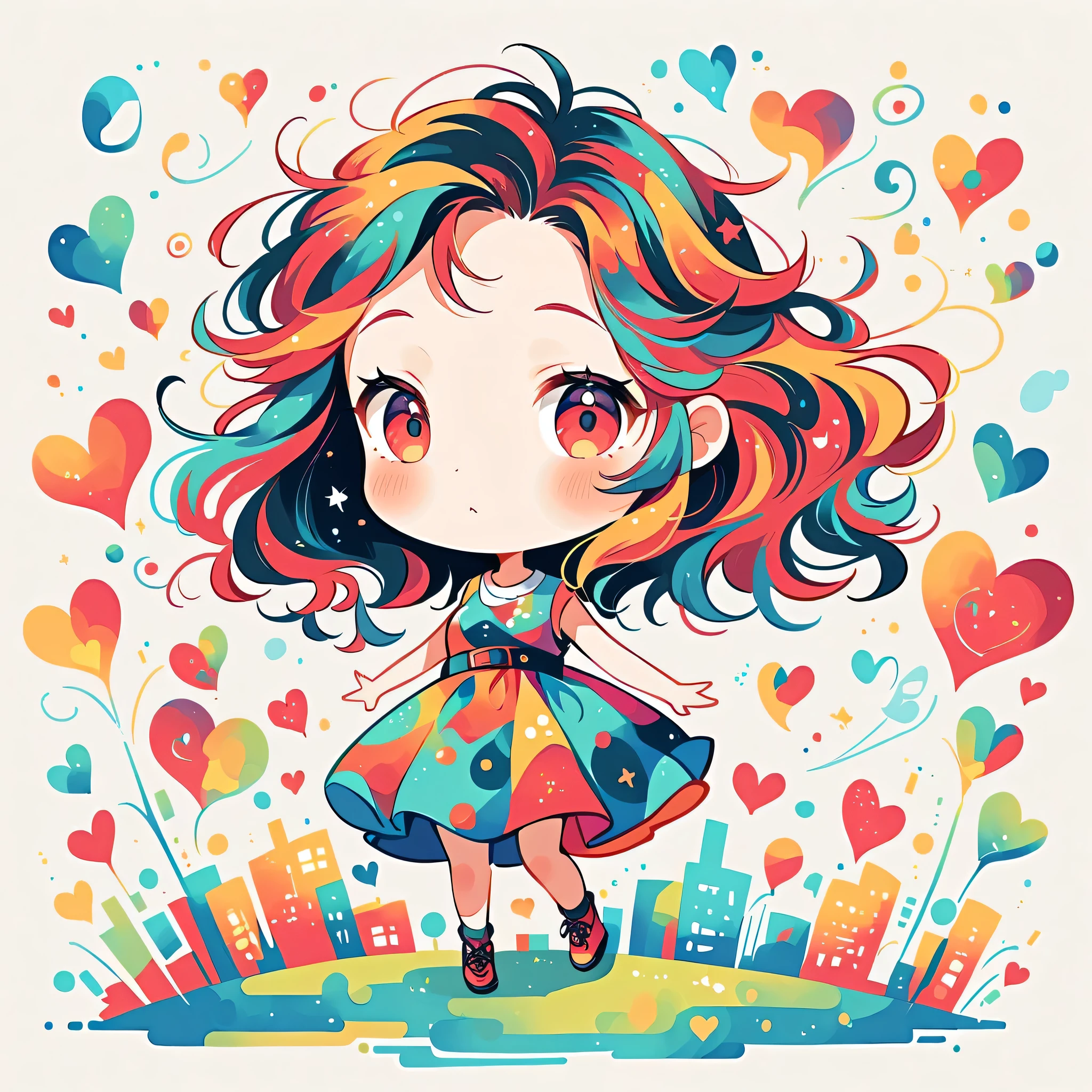 Black Star Red and White style, Simple Line Initialism,Abstract art,Urban Background, colorful hearts ,(((The most beautiful girl of all time))), (((chibi))), walking with Cute amoeba