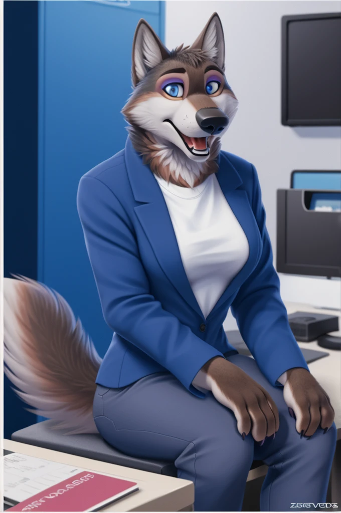 Emilia (Zveropolis), wolf, Gray Fur, (brown body:1.3), Blue eyes, Zveropolis, makeup,lipstick, dressed,blue blue jacket,shirt,blue pants,cutout heels, ,female breast,canine, Wolf, Detailed fur, Female, antro, paw pads, finger claws, At the viewer, 5 fingers, paws, 5 fingers,sitting in office working,mood,open mouth, flash cameras, loves,pink heeled sandals,close to the camera, teases with feet,
BREAK from nextel, for dating, by xenoforge, (difficult, high detail, film photography, soft focus, RAW, fluororealism, realistic, photorealistic, analog style, Subsurface scattering,
masterpiece, Best quality, ultra realistic, 8 k)