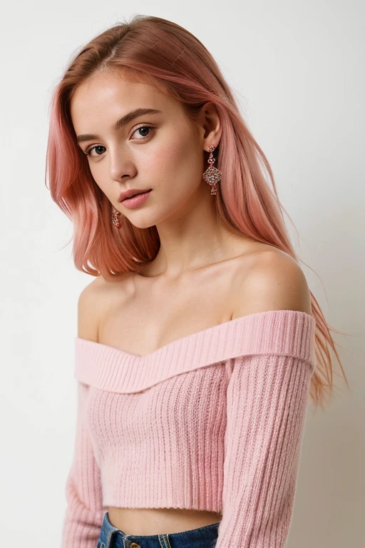 ((best quality)), ((masterpiece)), (Detailed), 1 girl, Off-the-shoulder sweater, Pink hair color, Long hair, looks into the camera, crop top, attractive, pretty, thin, trained,
