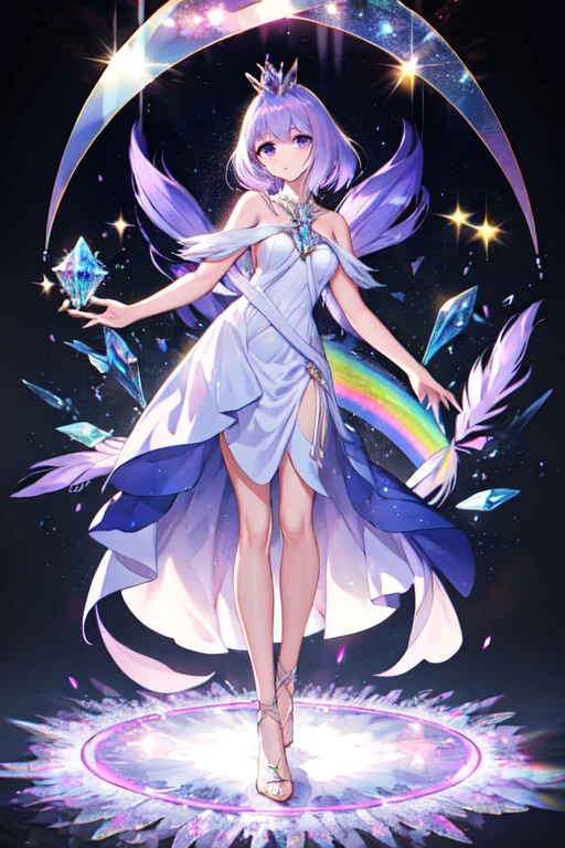 humanoid fox wearing a crystal crown, light purple hair, fox ears, and crystallized gemstone foxtails