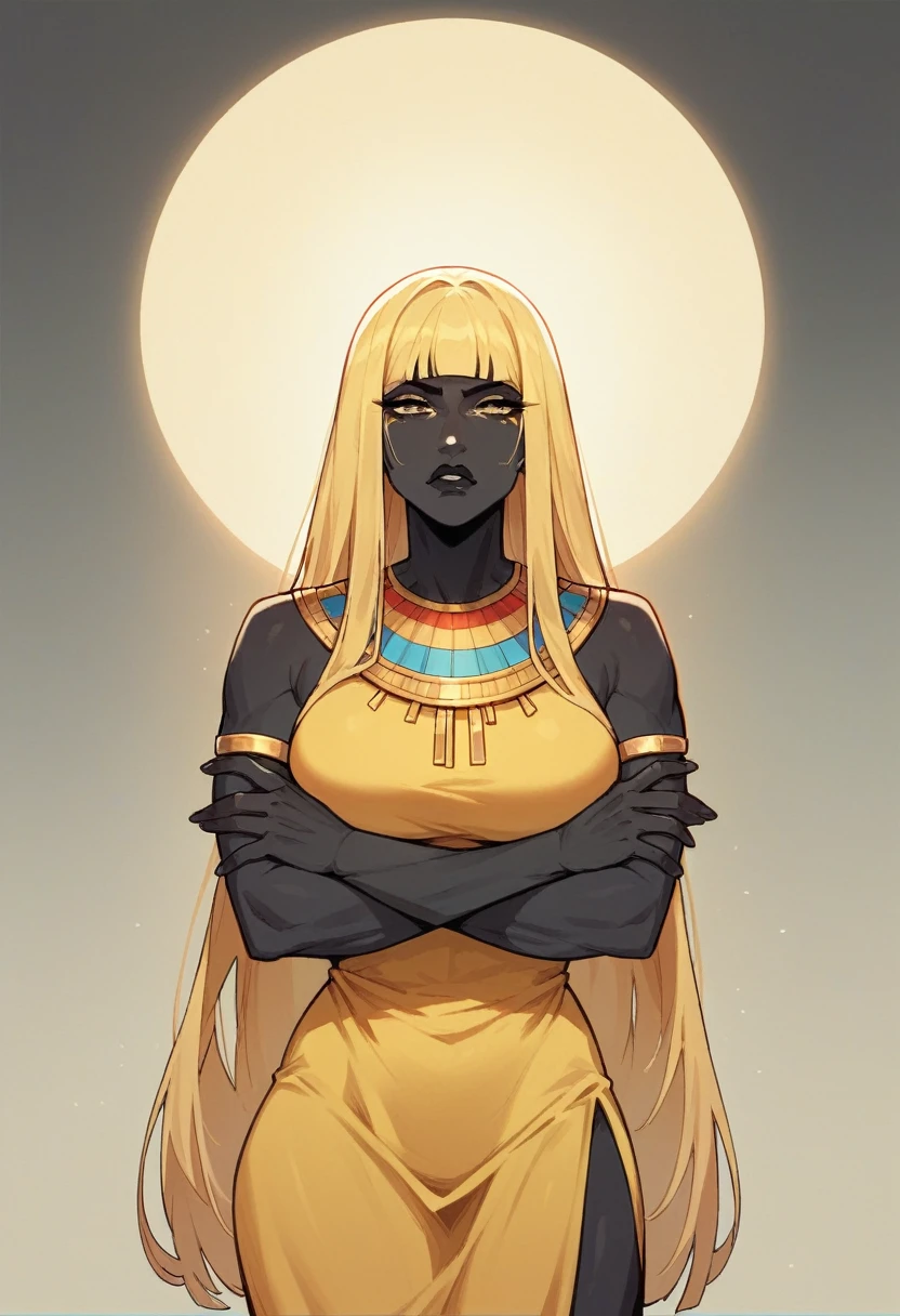 black buff strong woman character, buff body, tall woman, black skin, strong arms, long fringe hair, blonde hair, blonde fringe hair, scales in the arms, black lips, yellow dress, egypt hair
