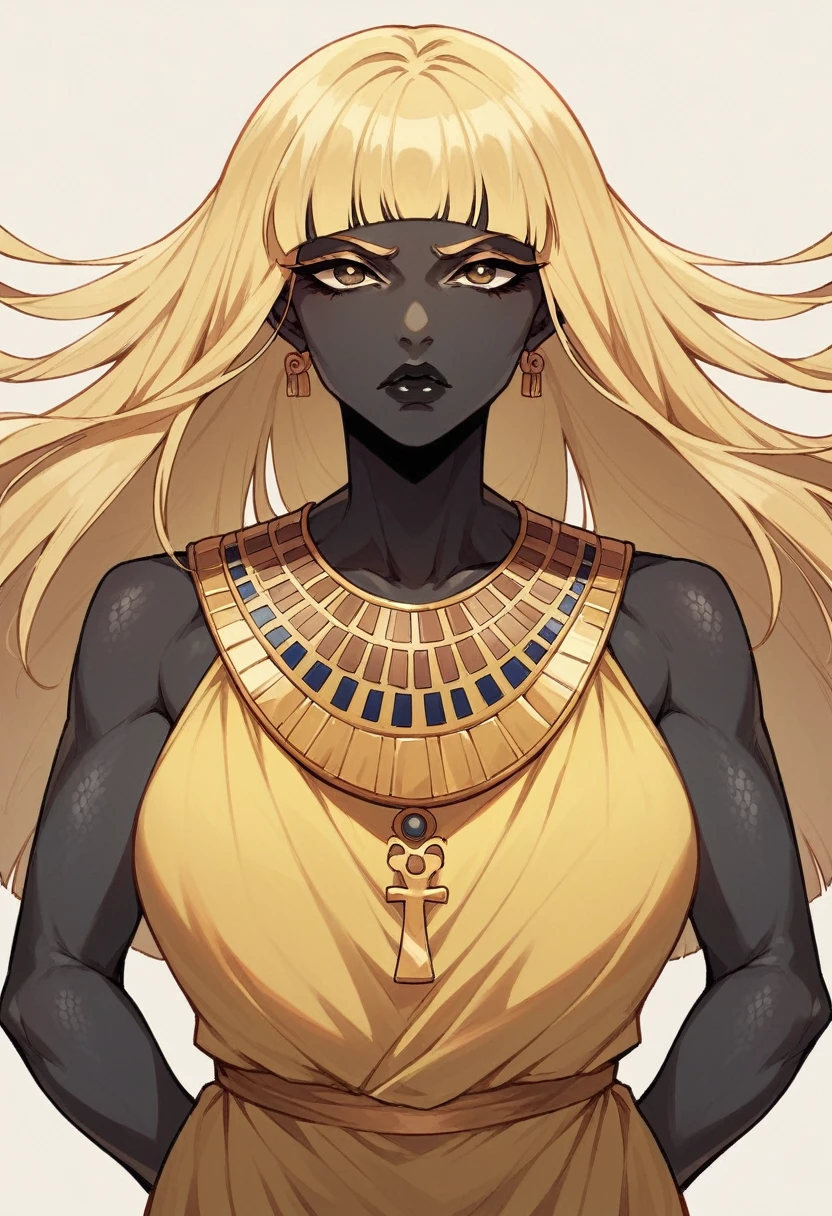 black buff strong woman character, buff body, tall woman, black skin, strong arms, long fringe hair, blonde hair, blonde fringe hair, scales in the arms, black lips, yellow dress, egypt hair