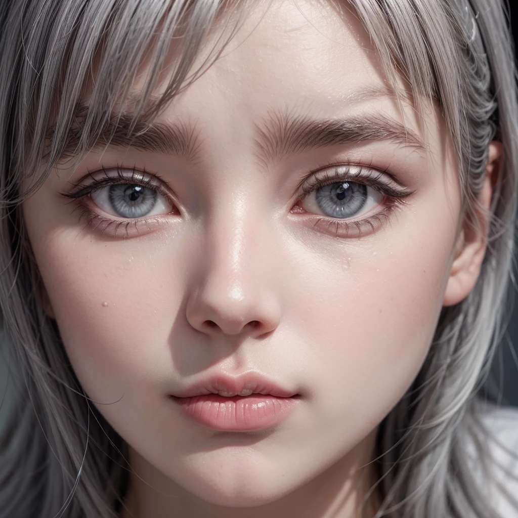 Create a young adult with gray hair and orange eyes with eyeliner that outlines all of her eyes, she is from Switzerland, first create a profile image