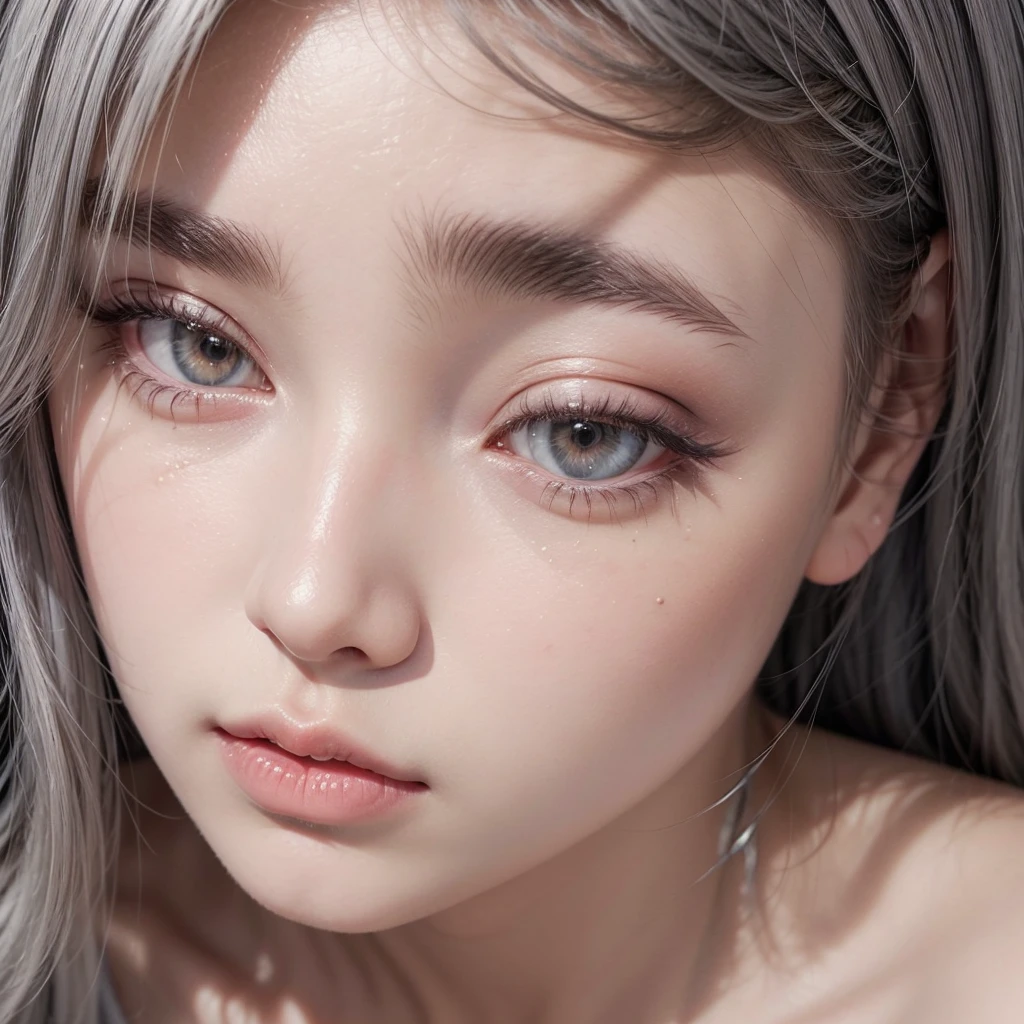 Create a young adult with gray hair and orange eyes with eyeliner that outlines all of her eyes, she is from Switzerland, first create a profile image