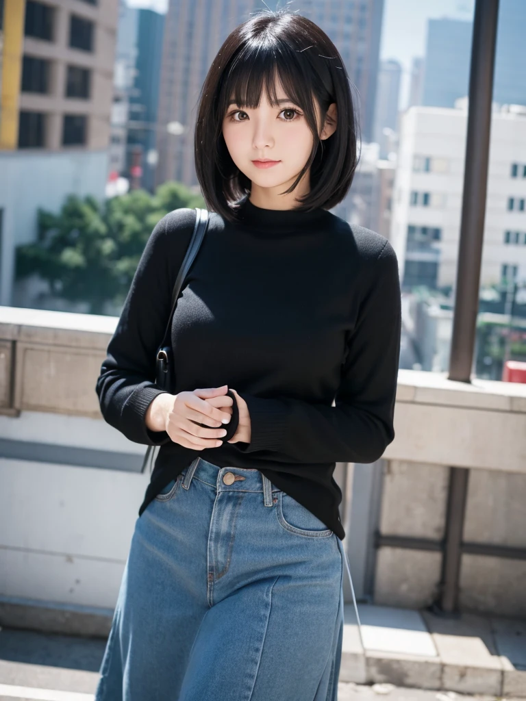 A cute adult woman with black-haired bobbed hair.Clothes are simple
The background is in the city