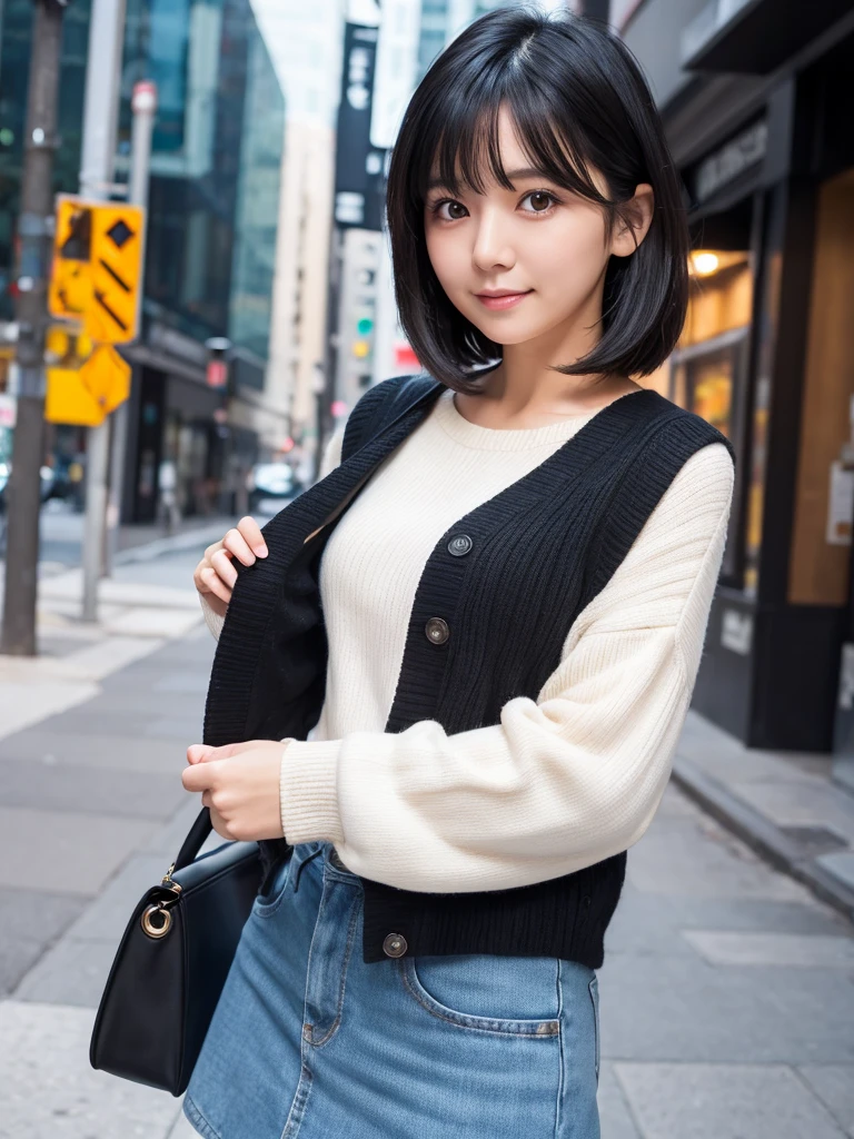 A cute adult woman with black-haired bobbed hair.Clothes are simple
The background is in the city
