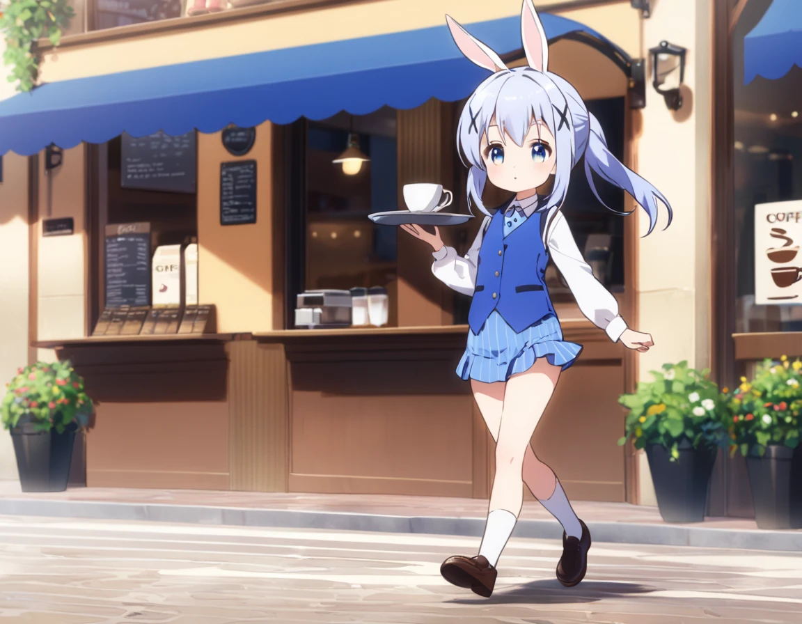 chino, best quality,perfect face, shining eyes, cafe,carrying a tray of coffee,****,full body,blue vest,short skirt,rabbit ornaments, walking,from front view