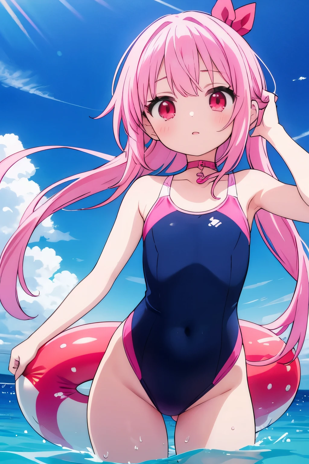 Pink hair girl,Red eyes,Hot pink ribbons on the choker,Pink and hotpink swimsuit,18 years old,Short,Swiming club member
