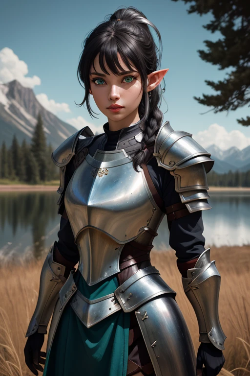 (Style-GHL:0.9), (Style-DA:1.3), dsshadowheart in a field with full of trees, lake, beautiful view with mountains, black hair, long hair, ponytail, bangs, braid, hair ornament, pointy ears, green eyes, circlet, armor, (fully armored), dark silver and leather armor, breastplate, pauldrons, action scene, sun shining in the sky, (cute:0.8), (beautiful:0.8), beautiful model body, skin details, ((colorful)), (dramatic lighting, cinematic lighting, volumetric lighting:1.1), dark, professional photography, intricate, intricately detailed face and eyes, sharp focus, realistic body proportions, well drawn, masterpiece, ultra detailed, high quality, best quality, 4k, 8k