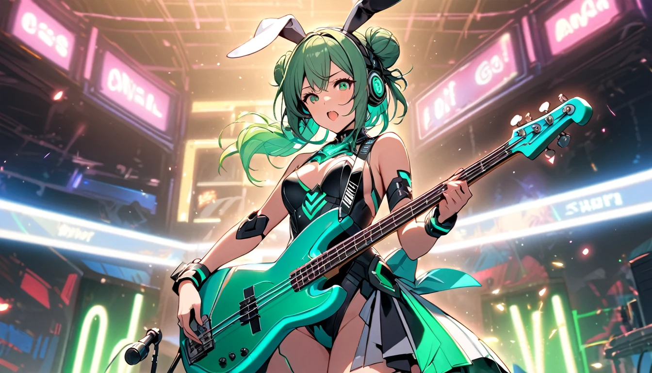 Beautiful girl, single, hair tied in two buns, green hair, glowing wires. Wear a half-hat, headphones, bunny ears, and a neon sci-fi robot leotard. Behind it is a robot with neon lights. The background image is a large robot clearly visible, on stage holding a bass and singing.