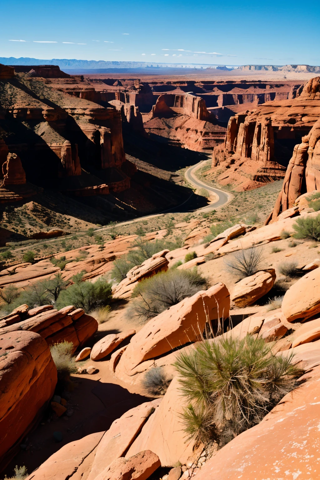 ((best quality)), ((masterpiece)), (detailed)red rock formations
cactus plants
dramatic canyons
clear blue sky
sun-baked ground
rugged terrain
sparse vegetation
desert wildlife (lizards, eagles)
endless horizon
stark and dramatic