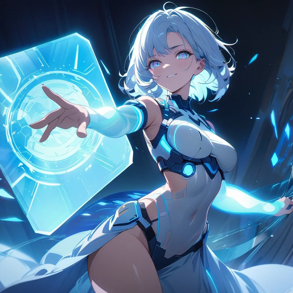 an image of a gentle girl with short, silvery-blue hair, wearing a futuristic, battle-ready outfit with glowing blue elements. She has a kind expression on her face, characterized by soft, warm eyes and a gentle smile with relaxed features. She is generating a large, translucent energy shield that shimmers with blue light, protecting herself and an area around her. The girl should be in a dynamic yet gentle pose, with one hand outstretched towards the viewer as if she's directing the shield and the other hand resting gently by her side. Her stance is strong yet relaxed, with one leg slightly bent. The background is dark and dramatic, with hints of blue light and energy waves illuminating their figures. The shield should have intricate, glowing patterns, enhancing the sense of her power and gentle control, (nude:0.8), detailed gorgeous face| anime style| key visual| intricate detail| highly detailed| breathtaking| vibrant| panoramic| cinematic| Carne Griffiths| Conrad Roset| gibbli 8k