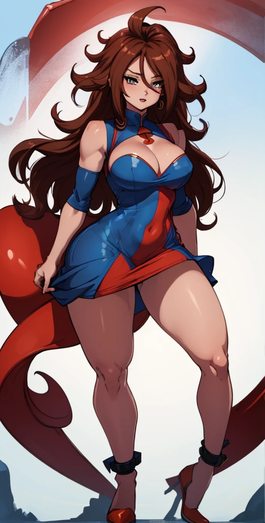 (best quality:1.3), android 21, ), busty, She is on the side, showing the side to the viewer, body is on its side, red and blue dress, Tight dress, very short dress, cleaveage, (brown hair), seductiv, rosto sexly, sexly, body curvy, big-ass, (short dress), strong legs