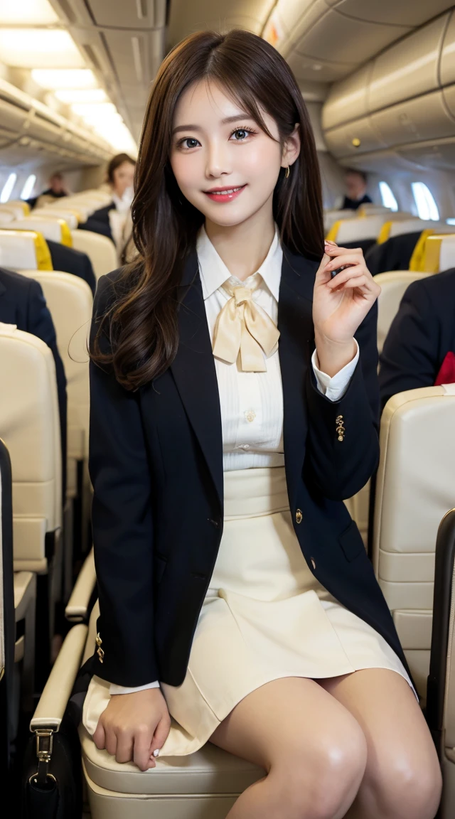 ​highest quality、table top、8k、best image quality、Award-winning work)、one beautiful woman、radiant beautiful skin , masterpiece、top-quality、The ultra -The high-definition、depth of fields、lens flare 1 girl、、brown hair, watching at  viewers glares, large breasts , stewardess uniform, (ivory stewardess blazer:1.2),   short ivory skirt, (white ysl high heels), perfect legs, model pose,  view from below, smiling , flight cabin