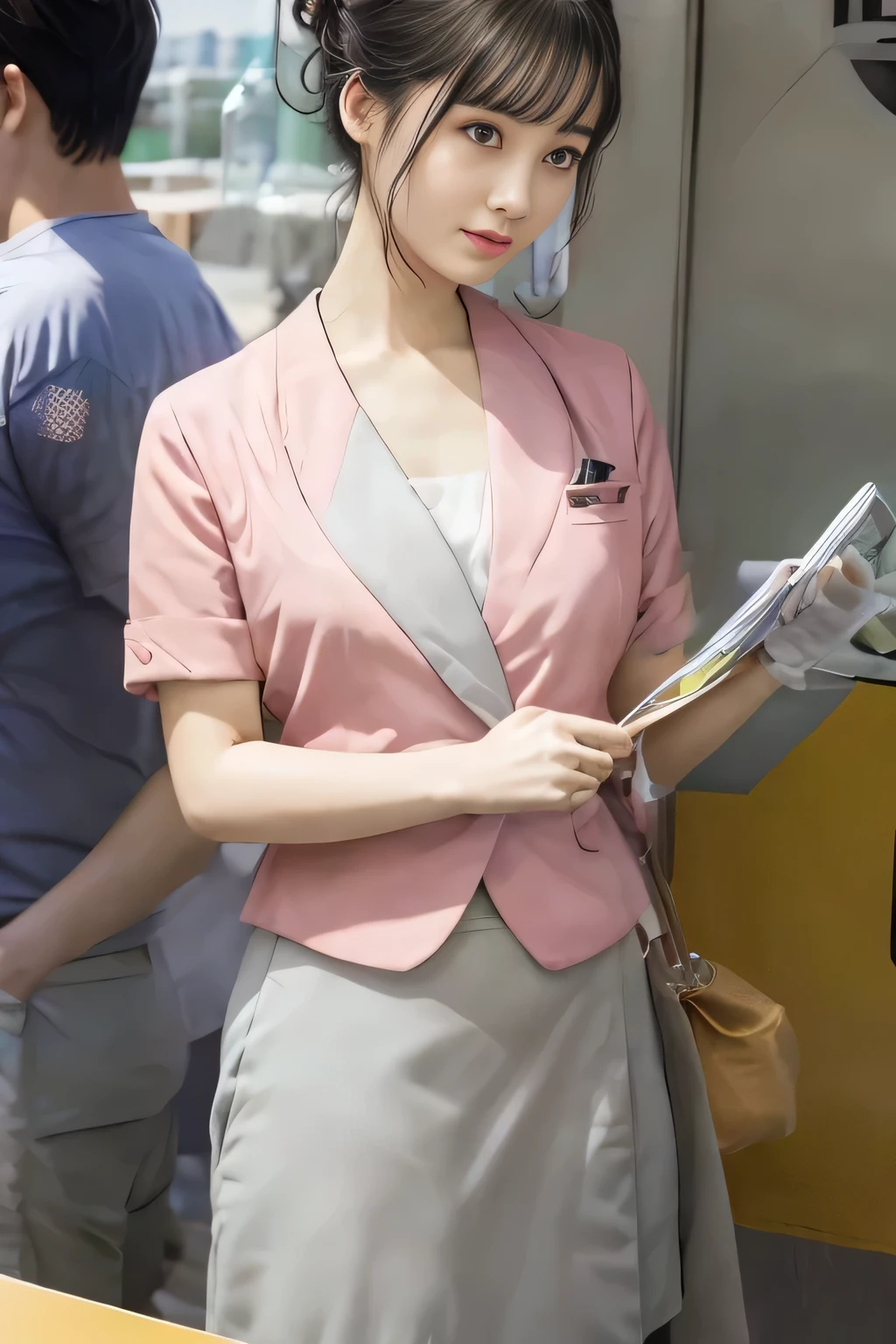 (masterpiece:1.2, Highest quality:1.2), 32k HDR, High resolution, (alone、1 girl)、（On the rooftop of a building in the daytime、Professional Lighting）、Building rooftop background、（Nankai train crew uniform pinkを着たリアルスタイル）、（Nankai train crew uniform pink short sleeve collarless pink jacket、Nankai Train Crew Uniform Pink Collarless Short Sleeve Blouse、Nankai Train Crew Uniform Pink Grey Knee-length Culottes）、（（The bottom of the pink short-sleeved jacket cannot be tucked into the clay-colored culottes.））、Dark brown hair、（Hair tied up、Hair Bun、Hair Bun）、Dark brown hair、Long Shot、Big Breasts、Thin legs、（（Great hands：2.0）），（（Harmonious body proportions：1.5）），（（Normal limbs：2.0）），（（Normal finger：2.0）），（（Delicate eyes：2.0）），（（Normal eyes：2.0））)、（Nankai Train Crew Uniform Pink Grey Knee-length Culottesを見せた美しい立ち姿）、smile