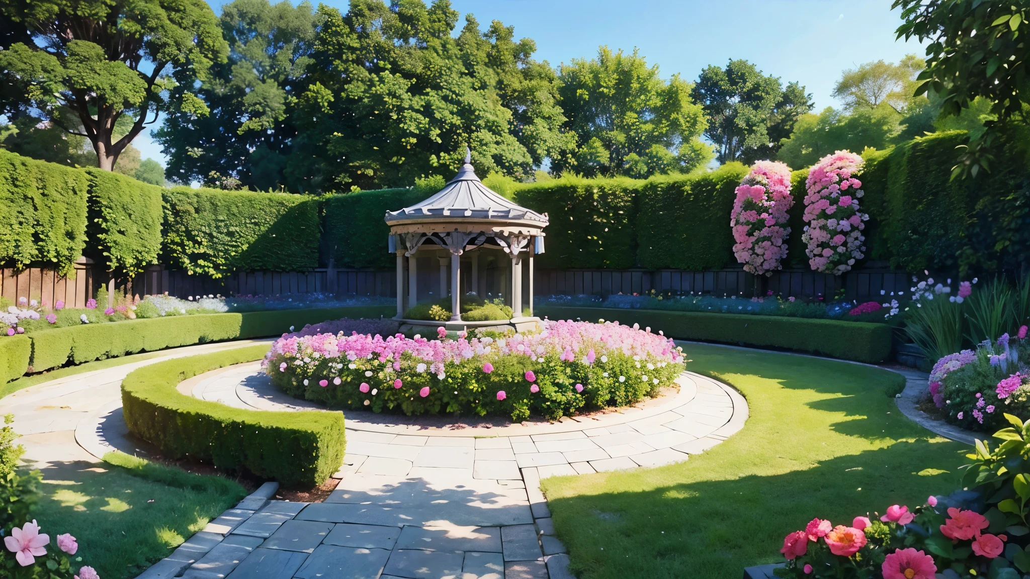 create scenery of a garden full of people