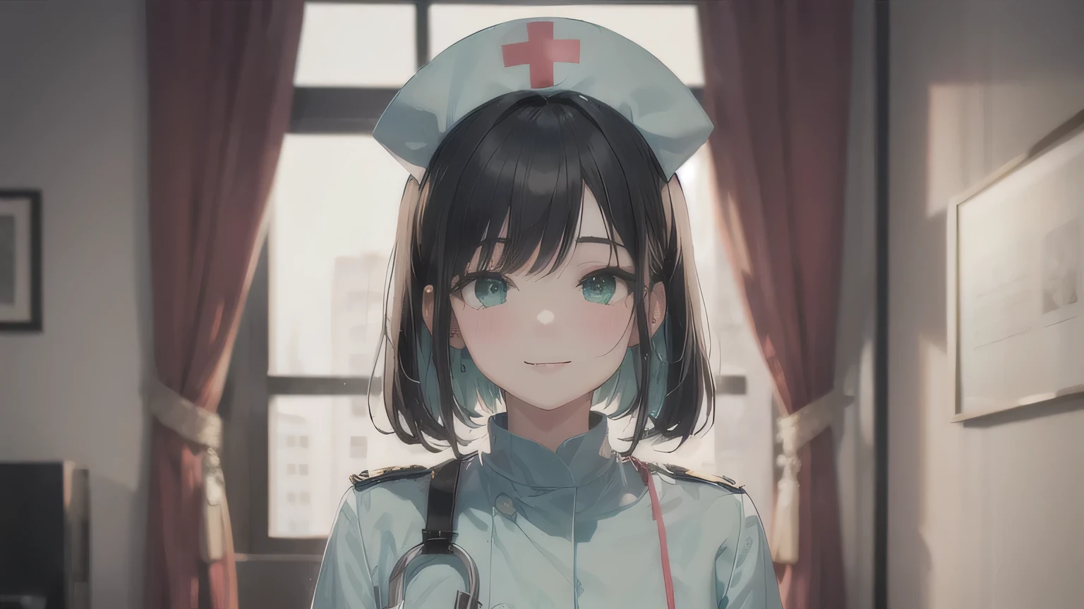 One Girl,20-year-old,Beautiful Face,Upper Body,Medium Sidecut, Black Hair, Sharp focus,Mint green nurse uniform、A shy smile、Gentle eyes、Droopy eyes