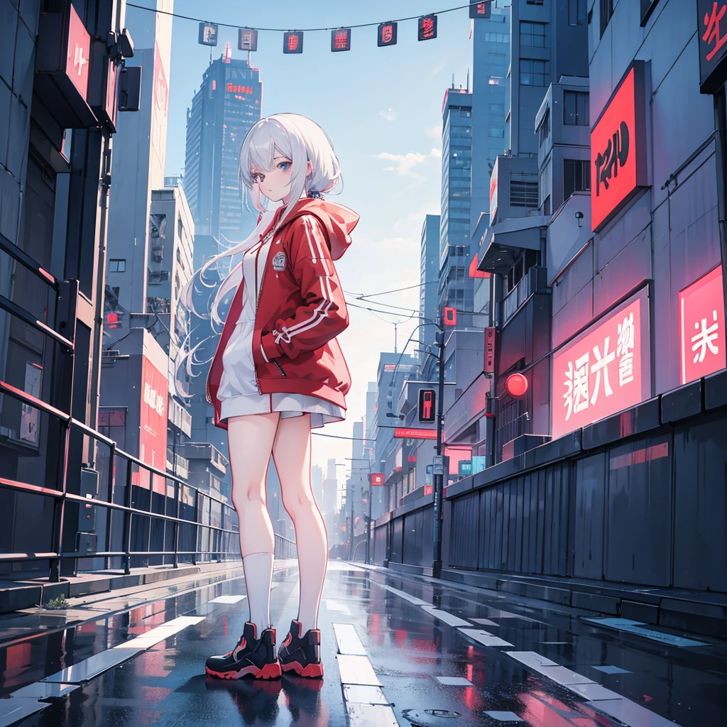 White-haired anime girl in a red jacket posing in front of a building, Anime style 4 k, Cyberpunk anime girl wearing a hoodie, Azur route style, Popular on cgstation, Bad guy anime 8k, best anime 4k konachan wallpaper, Anime style. 8K, Popular on cgstation内容, 4k anime wallpaper, Digital Cyberpunk Anime Art, Anime Wallpaper 4K