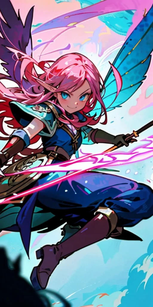 Very detailed illustration of a valkyrie, elf woman, long dark-pink hair, smirk, blue eyes, fairy wings, holding rapier, knee-length brown leather boots, blushed, zoomed, detailed colorful port environment, whimsical, tetradic colors, cartoon, darkest dungeon merged with league of legends, MSchiffer, fairytale, fantasy, cartoonish vector, anime, manga, vibrant, soft pastel colors, (cel-shaded) flat coloring
