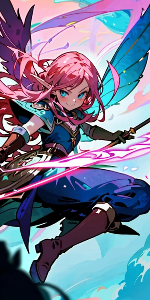 Very detailed illustration of a valkyrie, elf woman, long dark-pink hair, smirk, blue eyes, fairy wings, holding rapier, knee-length brown leather boots, blushed, zoomed, detailed colorful port environment, whimsical, tetradic colors, cartoon, darkest dungeon merged with league of legends, MSchiffer, fairytale, fantasy, cartoonish vector, anime, manga, vibrant, soft pastel colors, (cel-shaded) flat coloring
