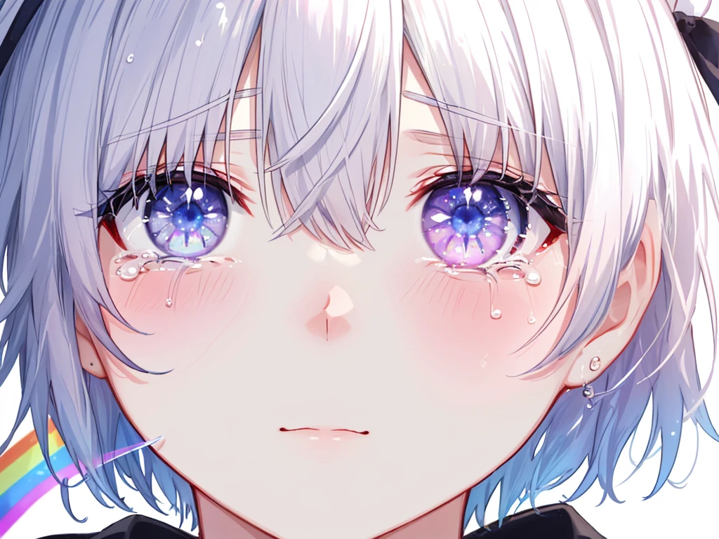 (((Extreme close-up tears Face of despair Upward))) ((輝くtears Rainbow Eyes Short Hair Receiving the light Rainbow light)) (Shining Edge)