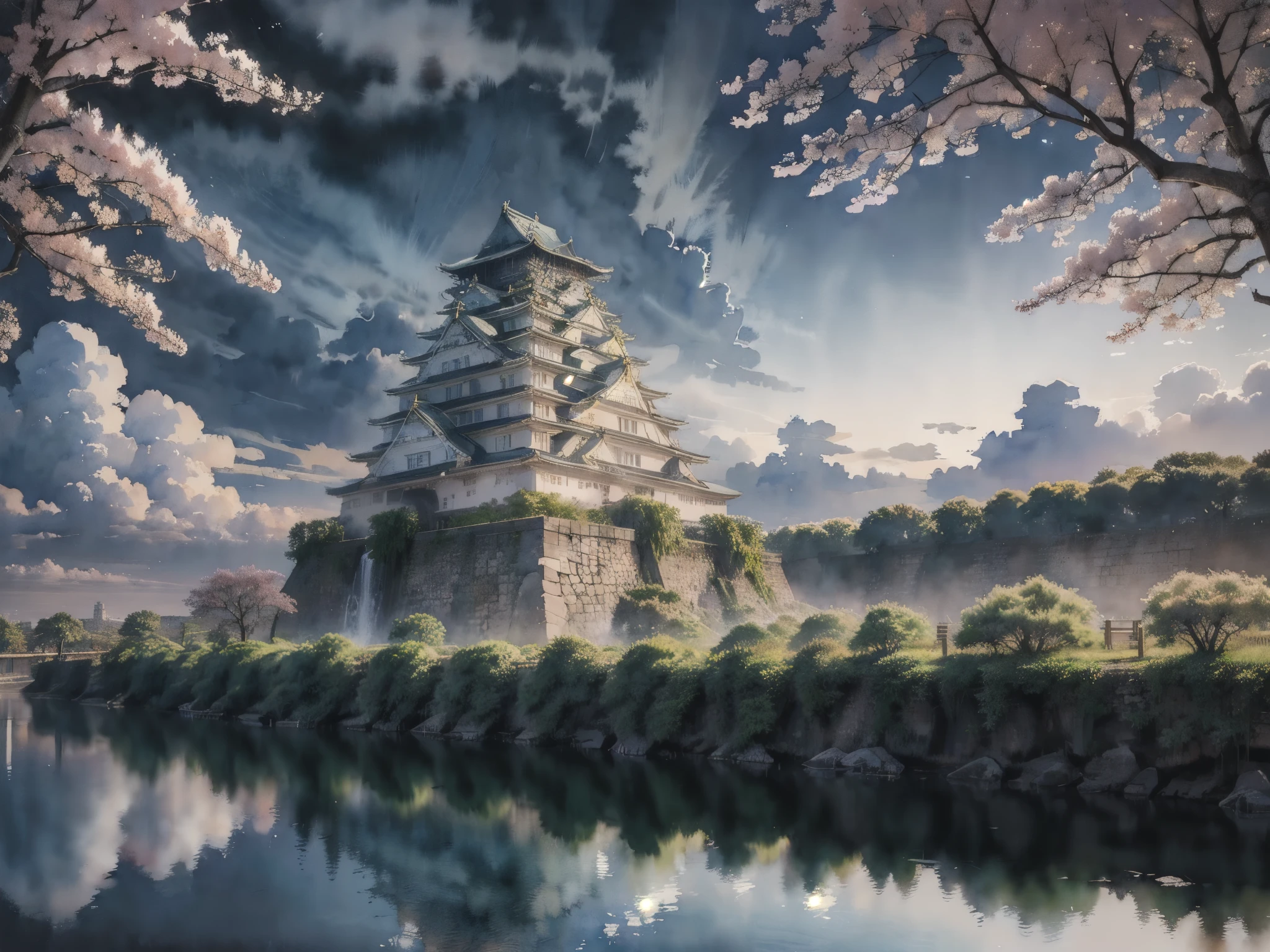 (masterpiece),(Highest quality:1.2),(Very detailed:1.2),(High resolution),(((watercolor))),8K,wallpaper,Osaka Castle,((night)),(osakajou, cloud, tree, sky, outdoors, scenery, architecture, day, building, cloudy sky, road, blue sky, real world location)