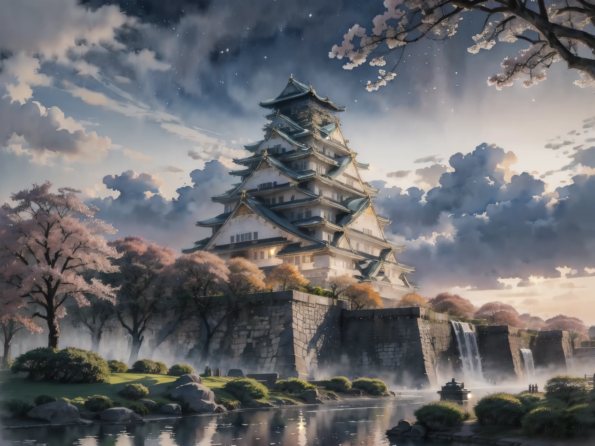 (masterpiece),(Highest quality:1.2),(Very detailed:1.2),(High resolution),(((watercolor))),8K,wallpaper,Osaka Castle,((night)),(osakajou, cloud, tree, sky, outdoors, scenery, architecture, day, building, cloudy sky, road, blue sky, real world location)