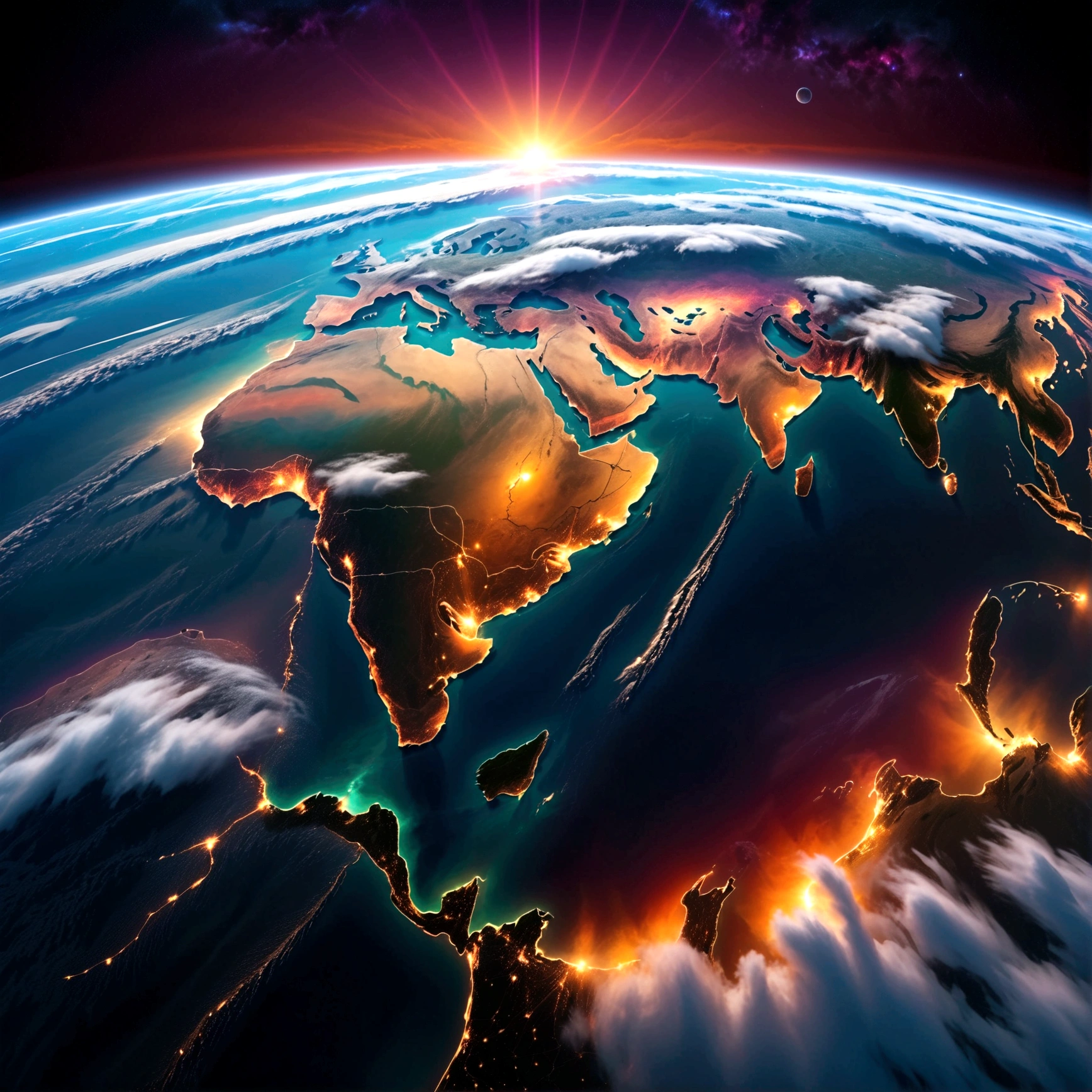 a stunning sunrise seen from space, a breathtaking view of the earth's atmosphere, dramatic clouds and vibrant colors, highly detailed and photorealistic, masterpiece, ultra-detailed, 8k resolution, physically-based rendering, professional grade, vivid colors, cinematic lighting