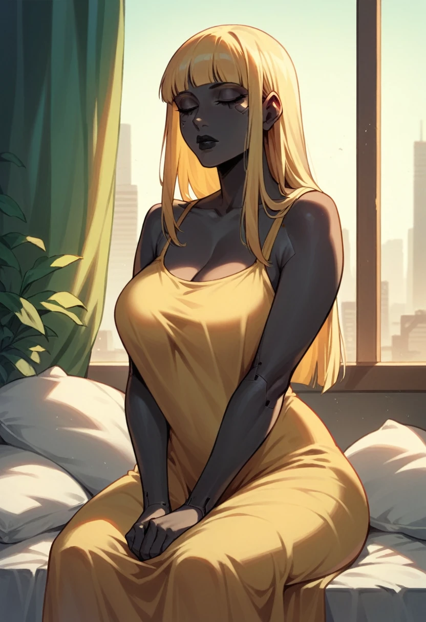 black buff strong woman character, buff body, tall woman, black skin, strong arms, long fringe hair, blonde hair, blonde fringe hair, scales in the arms, black lips, yellow dress, egypt hair, milf, morning, cyberpunk city, sit
