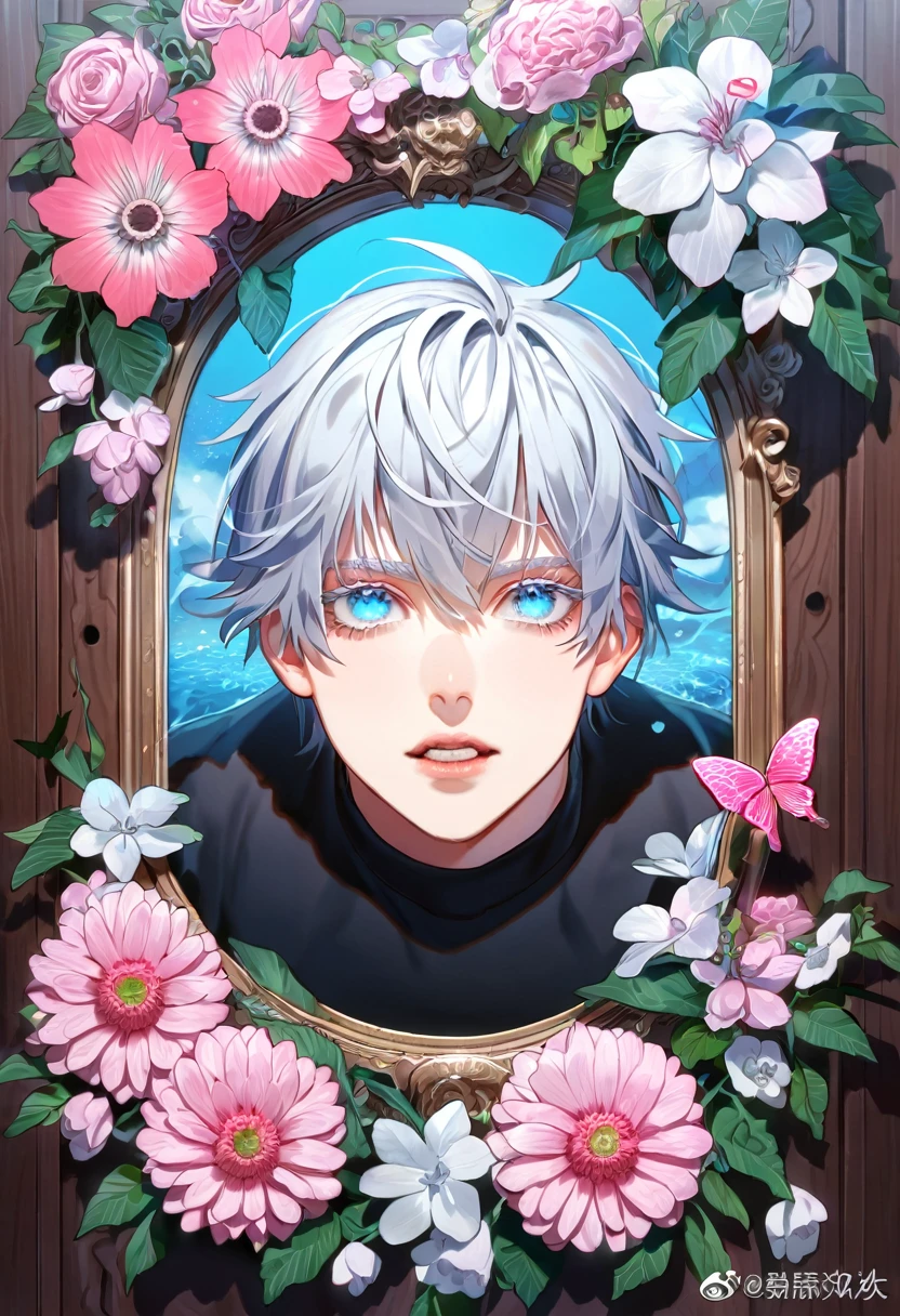 Absurd, High resolution, Super detailed, High resolution, masterpiece, Highest quality, gojou satora, Gray Hair, Expressive blue eyes, White eyelashes, JUJUTSU KAİSEN, Black tight t-shirt, alone, Sexy man, good looking, Fantasy, The Shining, Splash, cool,summer、White flower, Pink Flower, Pink butterfly, Pink Flowerびら